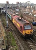 The last of the rugby trains [see image 54348] for the time being, if not forever. 67.028 hauls the 16.40 to Coventry past the rather untidy South-Eastern end of Nuneaton station on 12th March. The rugby specials on 28th February and 12th March lost £30,000 in total.<br><br>[Ken Strachan 12/03/2016]