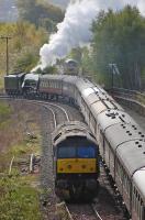 60103 indulges in some complex shunting at Manuel to prepare for the Tweedbank and Fife excursions on 15 May. 47580 is in the background waiting to lead the train to Edinburgh. 47854 waits in the loop.<br><br>[Bill Roberton 15/05/2016]