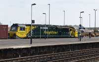 Freightliner 70006 gets underway southbound at Eastleigh on 5 May following a crew change.<br><br>[Peter Todd 05/05/2016]