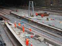 Another milestone for EGIP as first metalwork for the support of the signalling appears at Queen Street High level. This A-frame has erected today at the end of platforms 3 and 4. In the foreground, work on the platform 1 and 2 edges continues. (Thanks to Network Rail Scotland for the correction to the caption).<br><br>[Colin McDonald 21/05/2016]