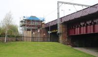 Picture taken from street level, showing ongoing building work at Coatbridge Central. Taken on the 7th of May 2016. [See image 13706]<br><br>[Alastair McLellan 07/05/2016]