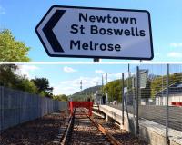 The end of the line - for the moment. The sign at the exit from Tweedbank station points tantalisingly south.<br><br>[Colin McDonald 14/05/2016]