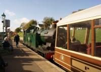 Waiting to depart from Swanage on 19 October 2014 is ex GWR 0-6-2T no.6695 with the former Devon Belle observation car immediately behind the loco.<br><br>[John McIntyre 19/10/2014]