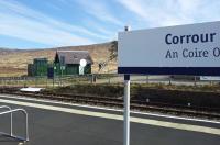 Platform view of Corrour station in May 2016. Off to the left is a small utility shed associated with the excellent (and remote) <a target=external href=http://www.corrour-station-house-restaurant.co.uk >Corrour Station House restaurant</a> by the station (out of shot off to the right). Photograph by Mark Edwards.<br><br>[Mark Bartlett Collection 20/05/2016]