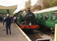 0-6-2T no.6695 stands at the buffers at Swanage in October 2014 having just arrived with a service from Norden. On the right cream teas were available along with other refreshments in the Birds Nest Buffet.<br><br>[John McIntyre 19/10/2014]