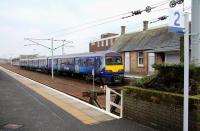 An afternoon train from Dalmuir, shortly after arrival at Lanark on 30 January 2014.<br><br>[John Furnevel 30/01/2014]