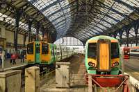 A view at the Brighton buffer stops on 4 June 2016, featuring Southern units 313209 and 377157.<br><br>[Peter Todd 04/06/2016]