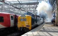 D9009 Alycidon hauling the Deltic Borderer II (York-Tweedbank and return) fumigates Waverley’s Platform 1 with some classic fumes.<br><br>[Mark Wringe 18/06/2016]