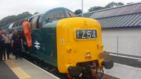 Travelling on the Borders Railway for the first time this photographer just happened to find a charter train waiting when he arrived so this is actually a grab shot en passant.<br>
BR Class 55 Deltic 'Alycidon' at Tweedbank Station's Platform 2 at the head of Pathfinder Deltic Borderer II. Most passengers seem to have wandered off to Melrose and back before leaving on the return journey to Derby. Two service trains were cancelled to make way for this special train.<br><br>[Charlie Niven 18/06/2016]