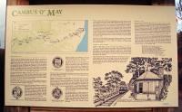 Informative signboard at Cambus O' May in 1997 with a map of the line, scene with the battery rail car and crests of the Deeside Railway, Aboyne and Braemar Railway and GNSR.<br><br>[Ewan Crawford 04/02/1997]