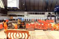 Progress on the work of extending platforms 4 and 5 seen through the viewing area window on 22nd June 2016<br><br>[Colin McDonald 22/06/2016]