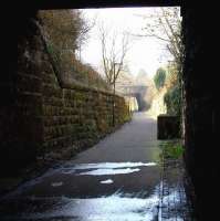 After leaving Loanhead station and passing below the crossroads in Loanhead town centre the EL&R climbed sharply towards Roslin. This scene on 14 March 2016, more than 25 years after the last train ran on the surviving section to Bilston Glen Colliery [see image 36126], shows the walkway that now occupies the trackbed. <br><br>[John Furnevel 14/03/2016]