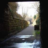 After leaving Loanhead station and passing below the crossroads in Loanhead town centre the EL&R climbed sharply towards Roslin. This scene on 14 March 2016, more than 25 years after the last train ran on the surviving section to Bilston Glen Colliery [see image 36126], shows the walkway that now occupies the trackbed. <br><br>[John Furnevel 14/03/2016]