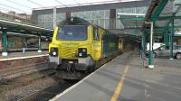 Freightliner 70004 departs from Carlisle station on 9 April 2016 following a crew change. The train is the 4Z44 Daventry to Coatbridge FLHH intermodal.<br><br>[Ken Browne 09/04/2016]