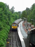 Freight train driver changeover in action on a dreich July day at Helensburgh Upper.<br><br>[Beth Crawford 01/07/2016]