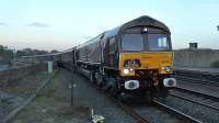 66746 leads 66733 into platform 4 at Kilmarnock with the Royal Scotsman from Bridge of Orchy for overnight stabling. The loco had just been released into<br>
traffic following a full repaint into Belmond British Pullman house colours.<br><br>[Ken Browne 24/04/2016]