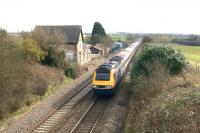 An East Midlands HST speeds northwards through the site of Great Glen station between Market Harborough and Leicester on 29 February 2016.<br><br>[John McIntyre 29/02/2016]