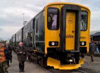 I'm not a fan of the styling of the 150, but this one seems less ugly than the rest, in the new GWR livery. Seen at the HST's 40th birthday party [see image 55518]<br><br>[Ken Strachan 02/05/2016]