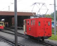 <I>PCBTL?**</I> Schynige Platte rack locomotive No.13 <I>Matten</I>, dating from 1914, engages in some leisurely shunting at the SPB Wilderswil depot, alongside the station on 21st June 2016. As is common rack railway practice the locomotives are not coupled to the passenger coaches but simply push them up the mountain using the dumb buffer seen here. (** Pantograph considerably bigger than locomotive)<br><br>[Mark Bartlett 21/06/2016]