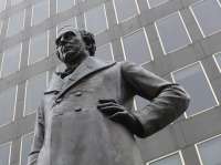 Statue of Robert Stephenson, by Carlo Marochetti, dating from 1870, outside Euston Station.<br><br>[Bill Roberton 23/06/2016]