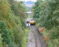 Weardale Railway DMU 141103 on arrival at Bishop Auckland West on 30 September 2010 with the 1235 ex-Stanhope. Newgate Street Bridge crosses the formation in the background, with Bishop Auckland 'main line' station obscured by the trees on the left. [See image 30973]<br><br>[John Furnevel 30/09/2010]