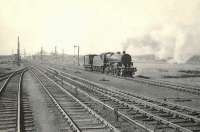 Ardrossan shed's 'Crab' 2-6-0 no 42806 with a brake van at Ardeer on 4 April 1959, at the point where the spur was put in to the L&A. [See image 51147]  <br><br>[G H Robin collection by courtesy of the Mitchell Library, Glasgow 04/04/1959]