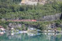 A Zentralbahn local push-pull service runs along the north shore of Lake Brienz near Niederried in June 2016. The Class 101 metre gauge electric loco is hauling the train from Interlaken to Lucerne. The loco is cog fitted as there are some rack sections on this line.<br><br>[Mark Bartlett 20/06/2016]