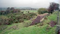 Remains of the signal box looking to Glasgow at Lugton East junction. Here a spur to the G&SWR station left the L&AR. This was where local trains from Glasgow to Uplawmoor were able to run round before returning, there being no crossover at Uplawmoor.<br><br>[Ewan Crawford //1996]