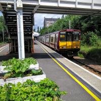 A Neilston service rolls in on 25/06/2016. Waiting passengers can take their pick (literally) from the strawberries or rhubarb in the foreground. Keeps you as regular as the trains, though we hope not as frequent.<br>
<br>
<br><br>[David Panton 25/06/2016]