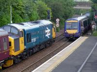 The Scottish 37 Group's 37025 being passed by 170406 on the 8.02 from Perth to Edinburgh.<br><br>[Bill Roberton 16/07/2016]