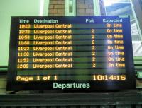 The range of services offered by New Brighton station. In my brief visit to New Brighton I didn't spot too many similarities with the old one, but they are both on the sea. Photographed 30/06/2016.<br><br>[David Panton 30/06/2016]