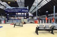 Work on installing the gateline and <i>platform furniture</i> at Queen Street. Seen on 27 July through one of the small unofficial viewing holes.<br><br>[Colin McDonald 27/07/2016]