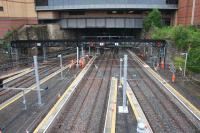 View over the rebuilt station throat at Glasgow Queen Street High level during signal comissioning work on 3rd August 2016, 4 days before the station is due to reopen after the track replacement in the tunnel. Much of the EGIP electrification work has now been done in the station.<br>
Access to Cathedral Street bridge north side by permission.<br><br>[Colin McDonald 03/08/2016]