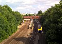 EMT were as good as their word, and restored a 'near normal' service from Leicester to Loughborough and beyond some 36 hours after the South side of this road over rail bridge collapsed on 01/08/2016. However, this St.Pancras to Sheffield service was travelling at around 15mph at the danger point. Picture taken at 16.13.<br><br>[Ken Strachan 03/08/2016]