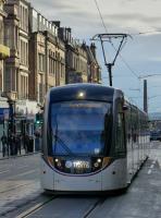 Edinburgh Tram frequencies during peak hours have been increased to every five minutes.  Heading east along Shandwick Place away from the West End stop, on 9 August.<br><br>[Bill Roberton 09/08/2016]