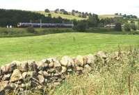 View north west across fields on the south side of Beattock on a fine July morning in 2016. In the background the 0900 Manchester Airport - Glasgow Central is about to pass a Pendolino forming the 1051 Edinburgh - Euston via Birmingham New Street.<br><br>[John Furnevel 27/07/2016]