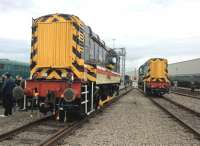 Oi! You lookin' at my radiator? Two class 08 shunters looking pugnacious during the HST's 40th birthday party at St Philips Marsh [see image 55518].<br><br>[Ken Strachan 02/05/2016]