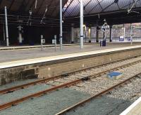Old sandstone meets new brick - the point on platform 4 where the new alignment starts. As rebuilt, platforms 4 and 5 now curve slightly eastward of their previous incarnation. <br><br>[Colin McDonald 07/08/2016]
