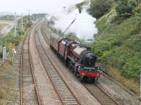 45699 <I>Galatea</I> setting out on an engine and coach movement from Carnforth to Southall on 8th August 2016, prior to working <I>The Dorset Coast Express</I> from London to Weymouth. The LMS Jubilee appears to have been fourth choice for a special previously listed for haulage by 34067, 35018 and 70013.  <br><br>[Mark Bartlett 08/08/2016]