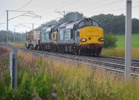 DRS 37259 and 37069 near Craigenhill Summit with the Hunterston - Sellafield 'flasks'.<br><br>[Bill Roberton 12/08/2016]