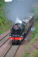 With a toot, 46100 'Royal Scot' coasts downhill towards Aberdour with the 'Forth Circle' on 13 August.<br><br>[Bill Roberton 13/08/2016]