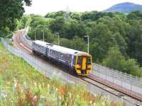 The 1128 Tweedbank - Edinburgh seen shortly after crossing the Tweed on the Red Bridge on 4 August 2016 during its 4 minute first leg to Galashiels.<br><br>[John Furnevel 04/08/2016]