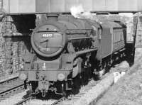 Black 5 45097, carrying a Kingmoor shed plate, southbound through Galashiels with a freight in the 1960s.  <br><br>[Dougie Squance (Courtesy Bruce McCartney) //]