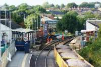 A view north from Lyons Lane bridge towards Chorley station on 13 August 2016. Work continues on rebuilding the platforms in conjunction with the electrification of the line from Manchester to Preston via Bolton.<br><br>[John McIntyre 13/08/2016]