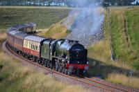 Southbound 46100 'Royal Scot' just north of Falahill Summit on 21 August 2016 with the second ScotRail 'Borders Line Steam Special'  of the day to Tweedbank.<br><br>[Bill Roberton 21/08/2016]