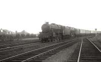 The up Sunday <I>Thames-Clyde Express</I> at Dumfries on 15 July 1956. Black 5 44669 is piloting Royal Scot 46113 <I>Cameronian</I>.   <br><br>[G H Robin collection by courtesy of the Mitchell Library, Glasgow 15/07/1956]