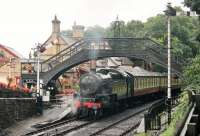 LMS 2-6-4T 42073 departs from Haverthwaite on a very wet 22nd August 2016. Does anyone know the origin of the footbridge at Haverthwaite, which appears to be a North Eastern Railway structure rather than from the Furness Railway [See image 44862]. <br><br>[Mark Bartlett 22/08/2016]