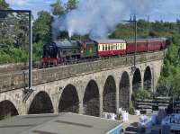 46100 'Royal Scot' crosses Slateford Viaduct with an SRPS excursion from Edinburgh to Carlisle and return, on 29 August.<br><br>[Bill Roberton 29/08/2016]