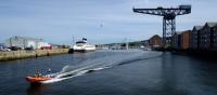 TSS Queen Mary [II] in Greenock's James Watt Dock on the 24th of August 2016. The view looks east.<br><br>[Colin Martin 24/08/2016]