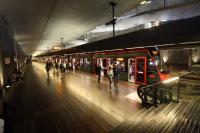 An eastbound route 2 Avenio type tram stops at the substantial underground Spui tram station in the centre of the Hague. <br>
<br>
In 2004, existing tram routes were relocated from street level into the 'tramtunnel' after many years of construction. The difficulties of construction are still spoken of, notably flooding, and the tunnel enjoyed various dubious names such as the 'Tramtanic'. Spui ('Lock') had been a harbour and meeting point of several canals.<br>
<br>
This is a very impressive and pleasant station to use.<br><br>[Ewan Crawford 04/09/2016]